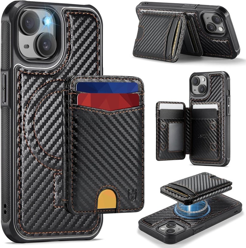Usroom for iPhone 15 Detachable Wallet Case with Card Holder, 2 in 1 RFID Blocking Credit Slots Kickstand Shockproof Phone Wallet for iPhone 15 6.1" Carbon Black - Image 1